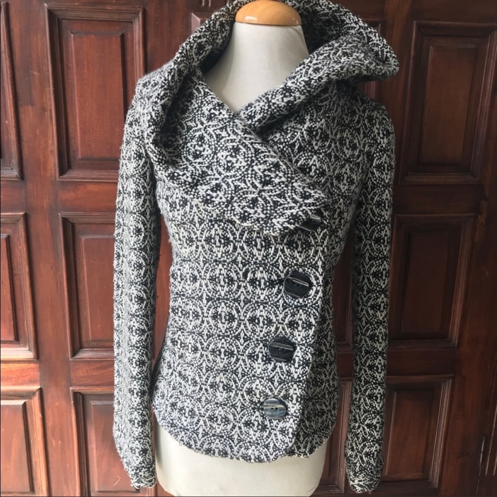 BDG Tweed Coat Cropped Hooded Black and White